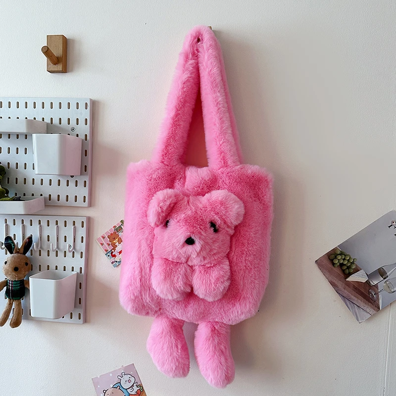 

Cute Bear Fluffy Plush Shoulder Bags for Women Designer Fluffy Faux Fur Lady Handbags Top Handle Tote Female Winter Purses