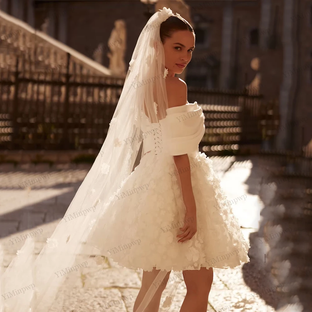 مشد فساتين زفاف قصيرة للمرأة قبالة الكتف ثلاثية الأبعاد الزهور ألف خط مطوي صغير فيستدو دي كاسامنتو شخصية مخصصة