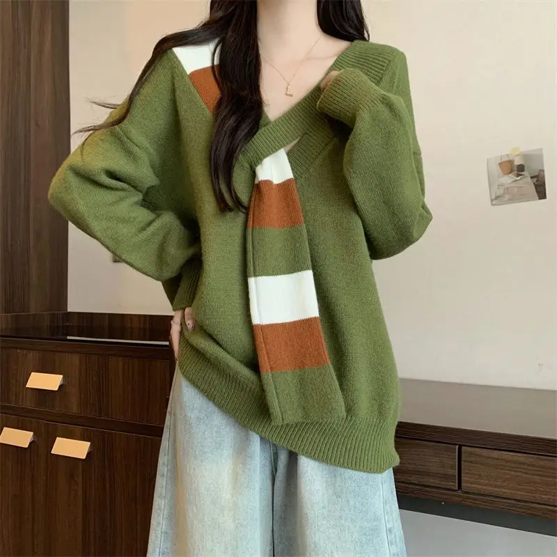 DAYIFUN Striped Patchwork V-neck Sweater for Women Female's Loose Long Sleeved Knitted Sweaters Winter Warm Lady's Pullover Tops