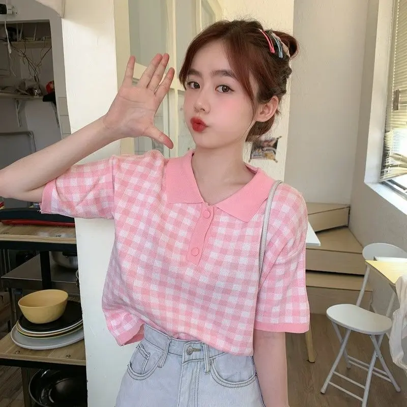 

2025 New Striped Pattern Collared Sweater Versatile Short Sleeve Knitted Polo Neck Top for Summer Women's Clothing Crop Top D768