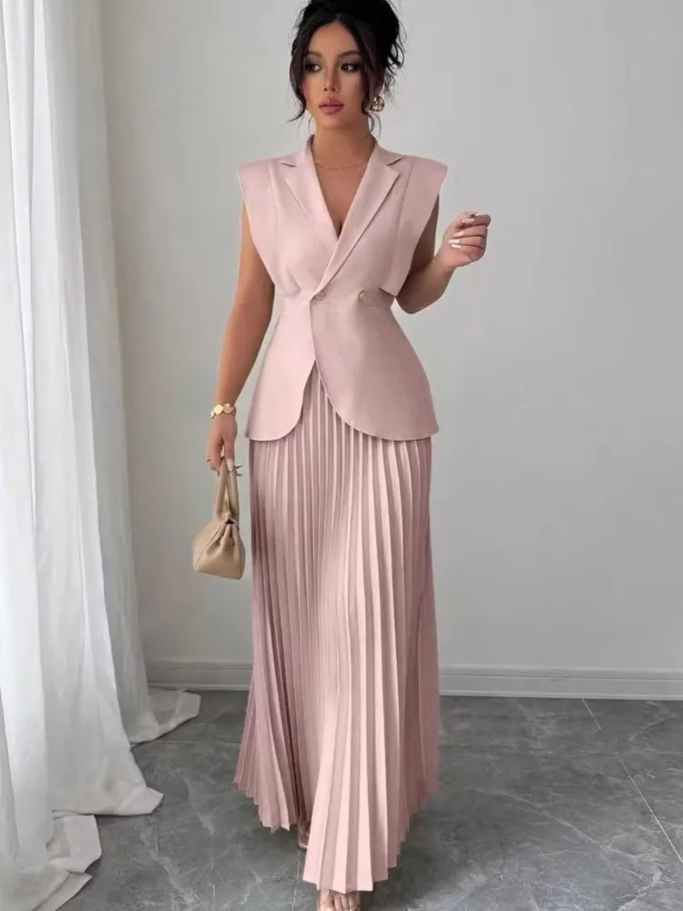 Elegant Women Solid Skirt Two Piece Sets Summer Fashion V-neck Vest Top + Pleated Skirts Temperament Simple Office Lady 2pcs Set