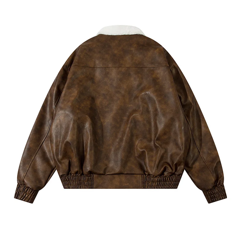 Femmes veste en cuir PU hommes américain haute rue rétro en détresse marée marque revers ample Plus velours épais coton manteaux vêtements