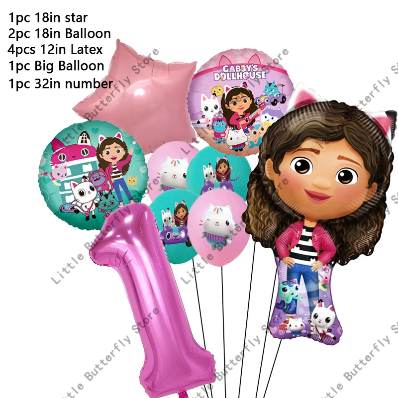 Casa de muñecas Gabby, globos con números de gatos, decoración para fiesta de cumpleaños para niños, globos de aluminio de látex, juego de globos