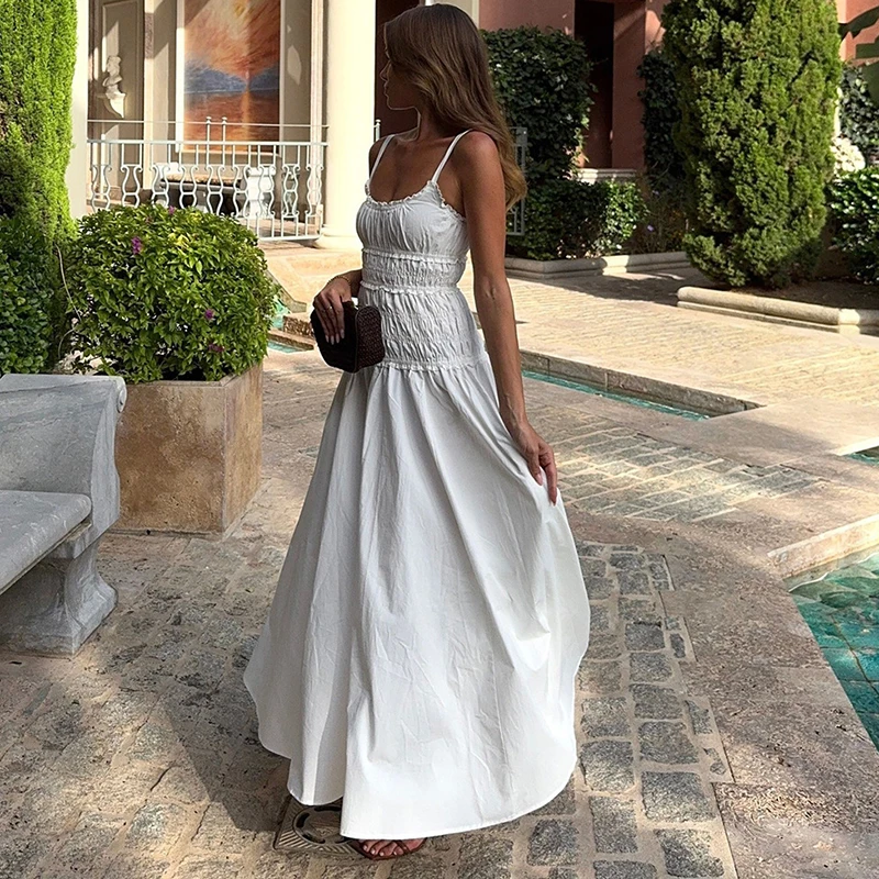 Tornova Effen Spaghetti Jurk Voor Vrouwen Ruches Mouwloze Lange Jurk Zomervakantie Kleding Casual Mode Vrouwelijke Jurk