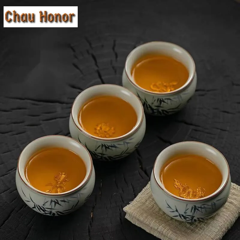 

120ml Handmade Ru Kiln Porcelain Teacup Hand Painted Bamboo Master Cup Personal Mug Can Nourishing Inlaid Silver Dragon Chazhan