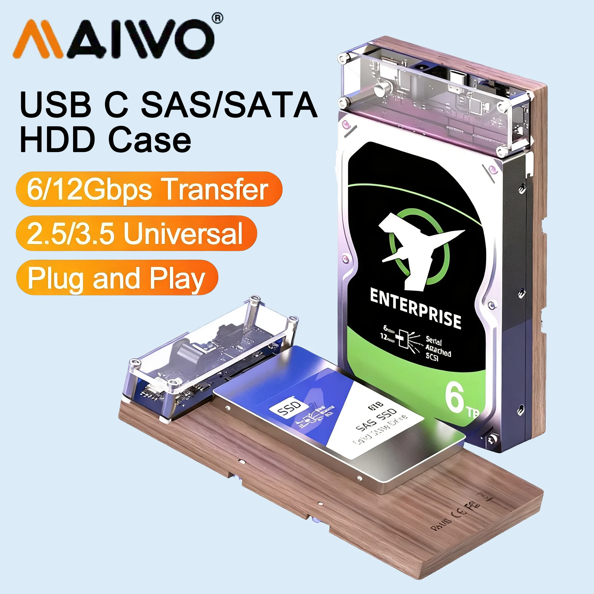 MAIWO SAS SATA 하드 드라이브 인클로저 USB 타입-C 도킹 스테이션 2.5/3.5인치 HDD SSD 외장 하드 리더 컨버터 박스 케이스