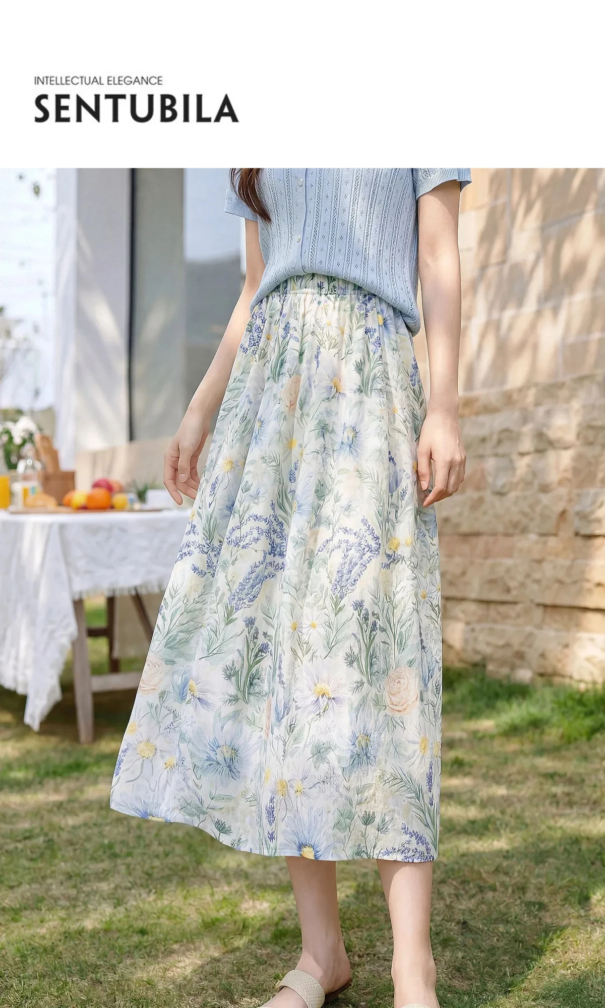 SENTUBILA 100% Baumwolle Blumendruck Rock Damen 2026 Sommer Französischer Landhausstil Urlaub Strand Midi Rock 162QA7634 – Detail 1