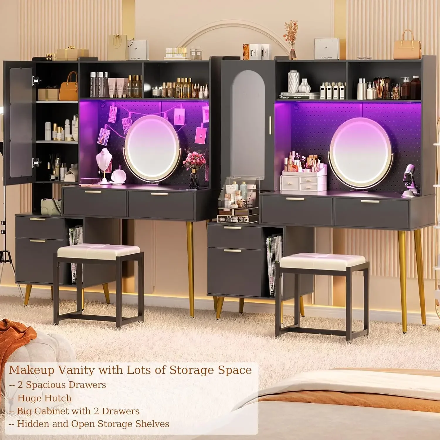 armocity 48'' Makeup Vanity with Hutch, Charging Station and LED, Tall Vanity Table with Pegboard, Mirror, 5 Big Drawers