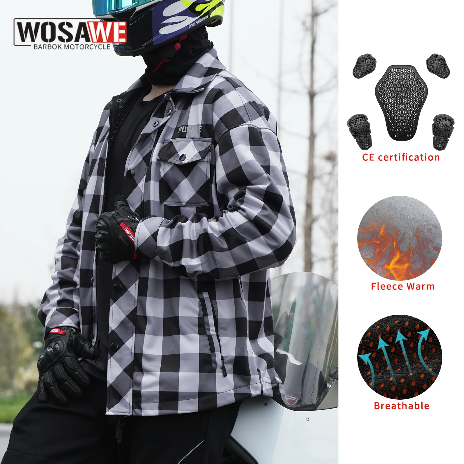 

WOSAWE Motorcycle Riding Jacket Winter Warmth Motorcycle Checkered Shirt Casual Retro Riding Shirt With CE Protective Gear
