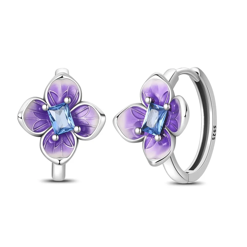 Hot Sales 925 Sterling Silver Purple Romantic Hydrangea Flower Earrings For Women Fine Birthday Anniversary Jewelry Gifts
