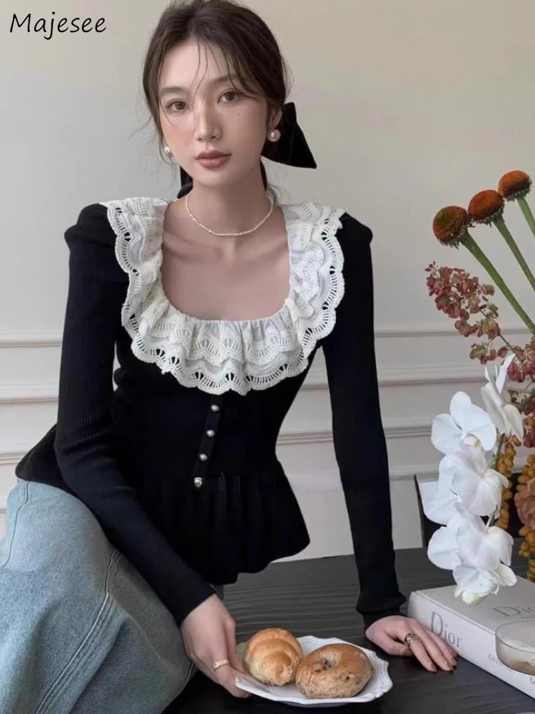 Pullovers Women Vintage Ruffles Square Collar Spring Autumn Chic Knit Sweaters Tender French Style Femininie Aesthetic Clothes