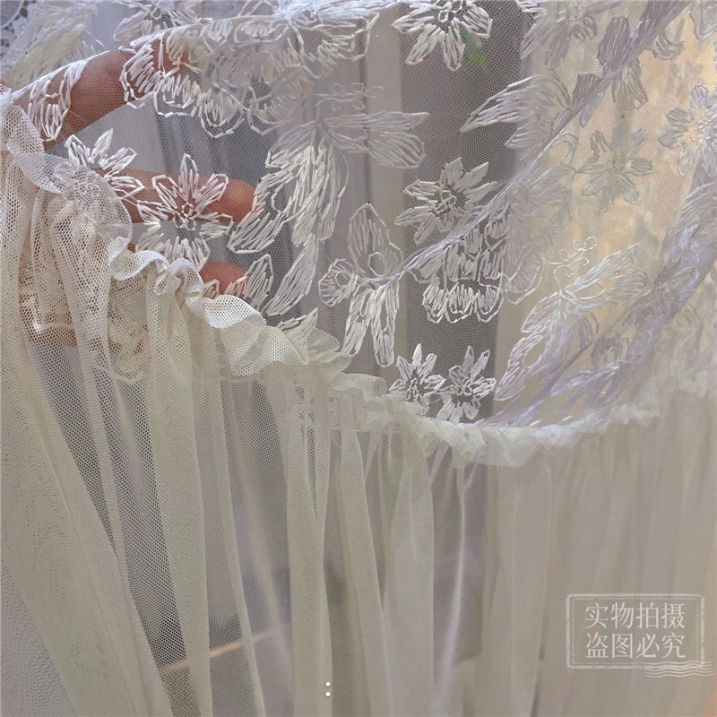 Elegant Embroidered Lace Curtains for Living Room Kitchen Cream Lace Tulle Door Curtains Entrance Curtains With Valance #A657