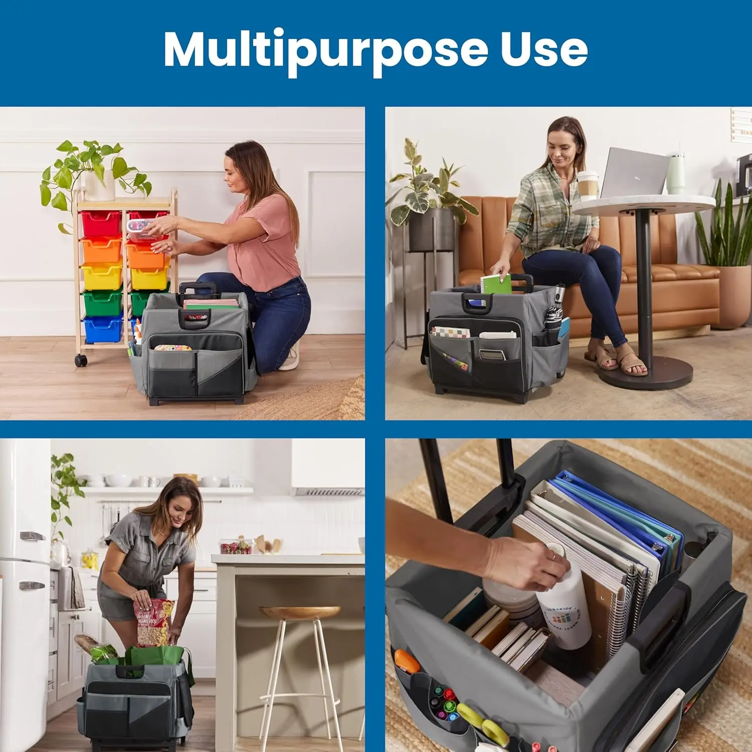 عربة دوارة عالمية مع حقيبة تنظيم قماشية، وحدة تخزين متنقلة باللون الأسود - متينة وقابلة للطي