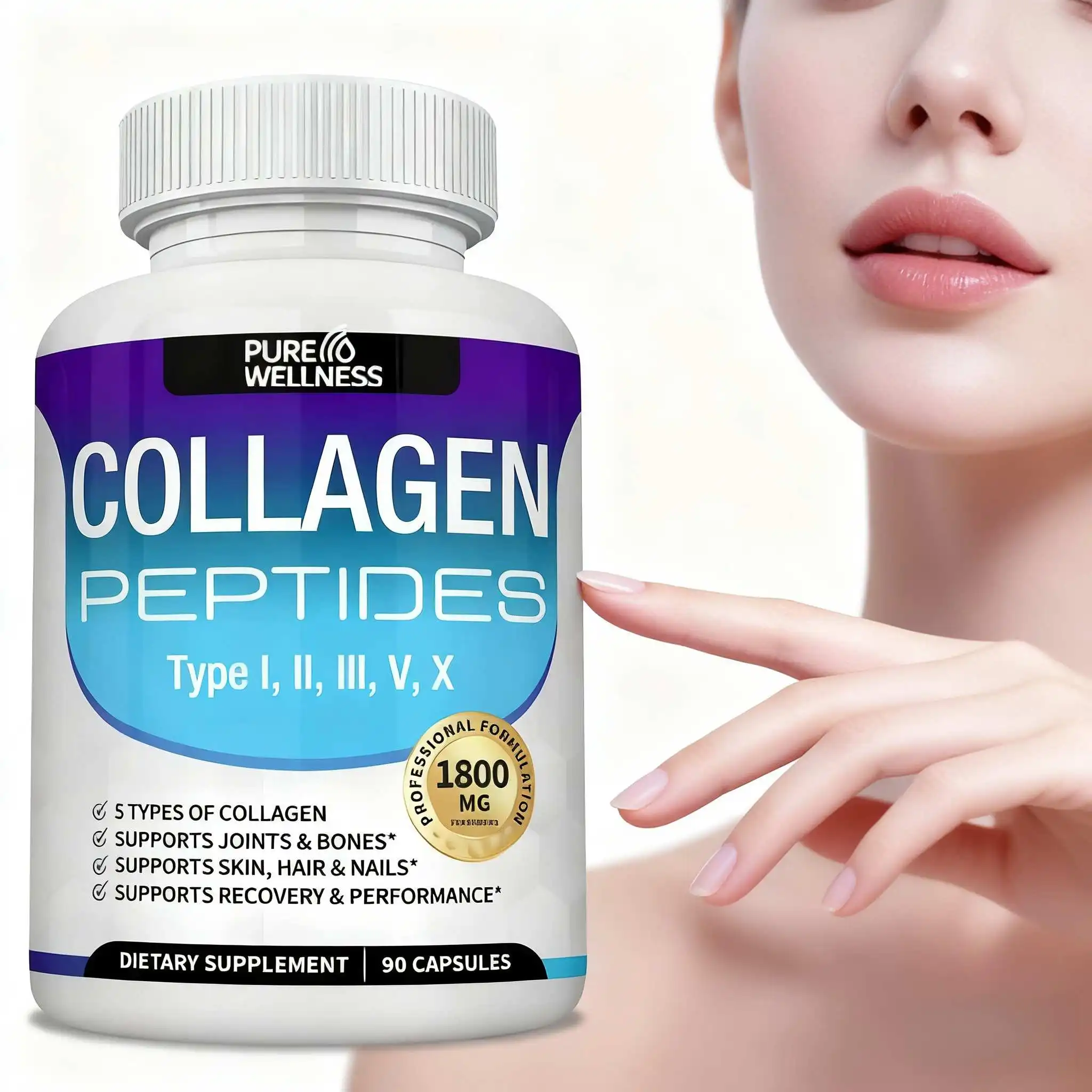 الببتيدات الكولاجين 1800 مجم - الشعر والبشرة، المضادة للشيخوخة - الأنواع I،ii،iii،v،x، المفاصل والعظام