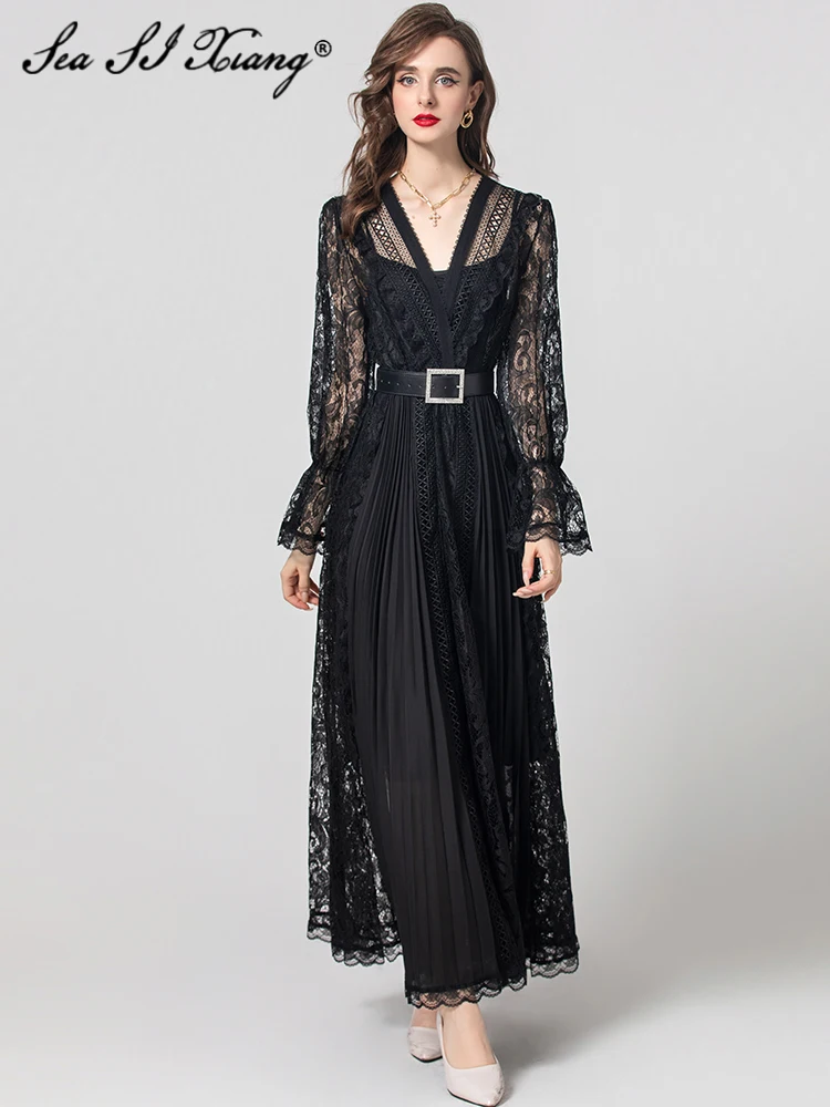 

Seasixiang Fashion Designer Summer Lace Long Dress Women's V-Neck Flare Sleeve Sashes Elegant Party Patchwork Dresses