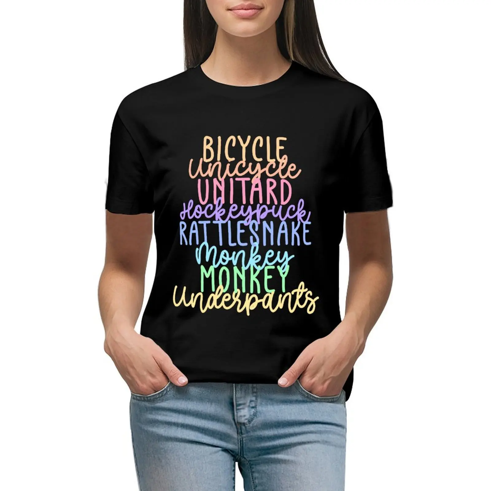 

Monkey Monkey Underpants Rainbow Fan Quote White T-shirt vintage clothes funny t shirts for Women