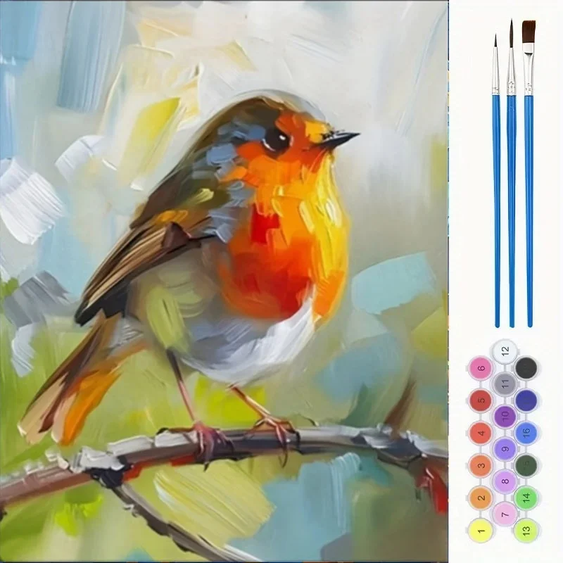 Professional Art Use, Impressionistic Robin Perched on Branch Paint By Numbers Kit for Adults, 2D Flat Polyester Adult Paint By