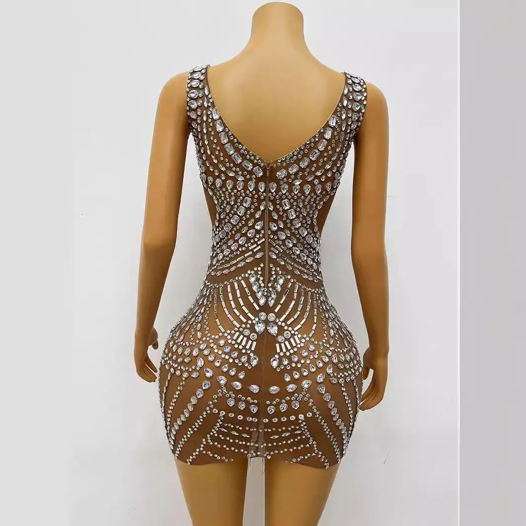 Internet celebrity dress slim and thin elastic flash diamond fringe tight hip wrap sexy stage host performance suit