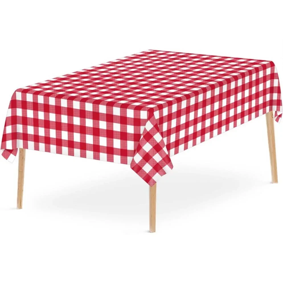 Red White Gingham Rectangular Tablecloth Disposable Plastic Table Cover with Stamping for Picnic Barbecue Kitchen Holiday Party