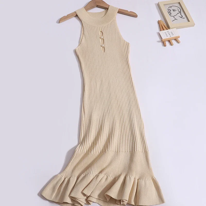 Cut Out Halter Summer Knitted Bodycon Sexy Dress O Neck Sleeveless Ruffled Party Sundress High Street Elastic Slim Short Dress