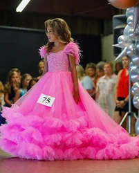 Bubblegum Girl Pageant Dress customsized Feather Shoulder Crystal Tiered Aqua Tulle  Drama Toddler Teen Preteen Miss Sugar