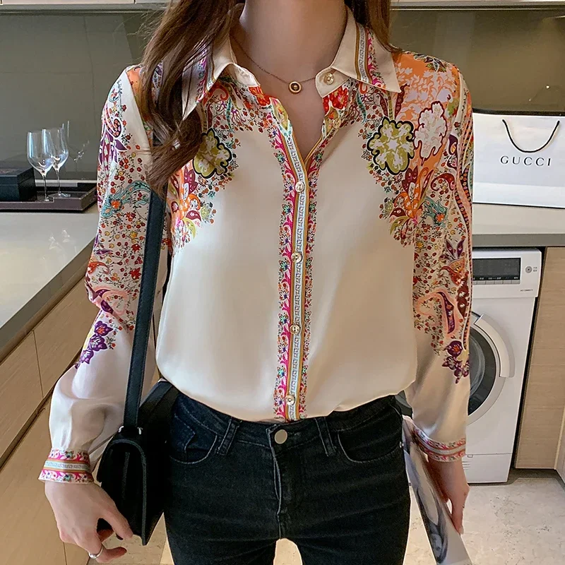 Fashion causal office ladies shirts New elegant Women's Blouses printed shirts Long Sleeve Tops Blusas Mujer