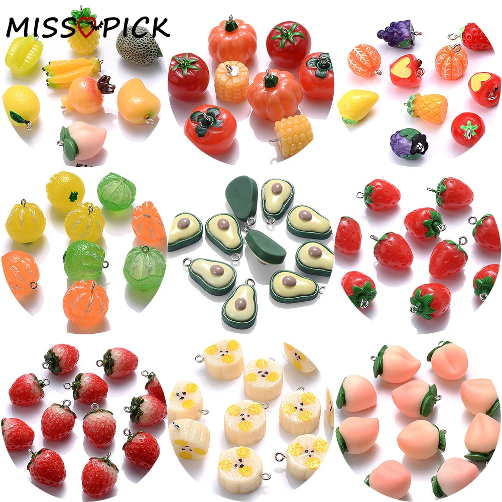 5Pcs Mix Fruit Resin Charms 3D Strawberry Avocado Lemon Pendants For Necklace Earring DIY Fashion Handmade Jewelry Accessories