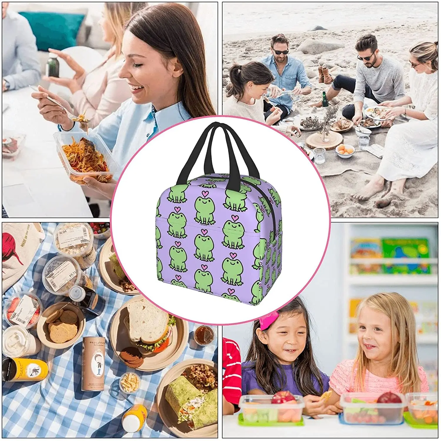 Kawaii Frog Love Lunch Box Reusable Thermal Lunch Bag Food Container Bento Tote Bag for Women Men Adults Work Travel Picnic