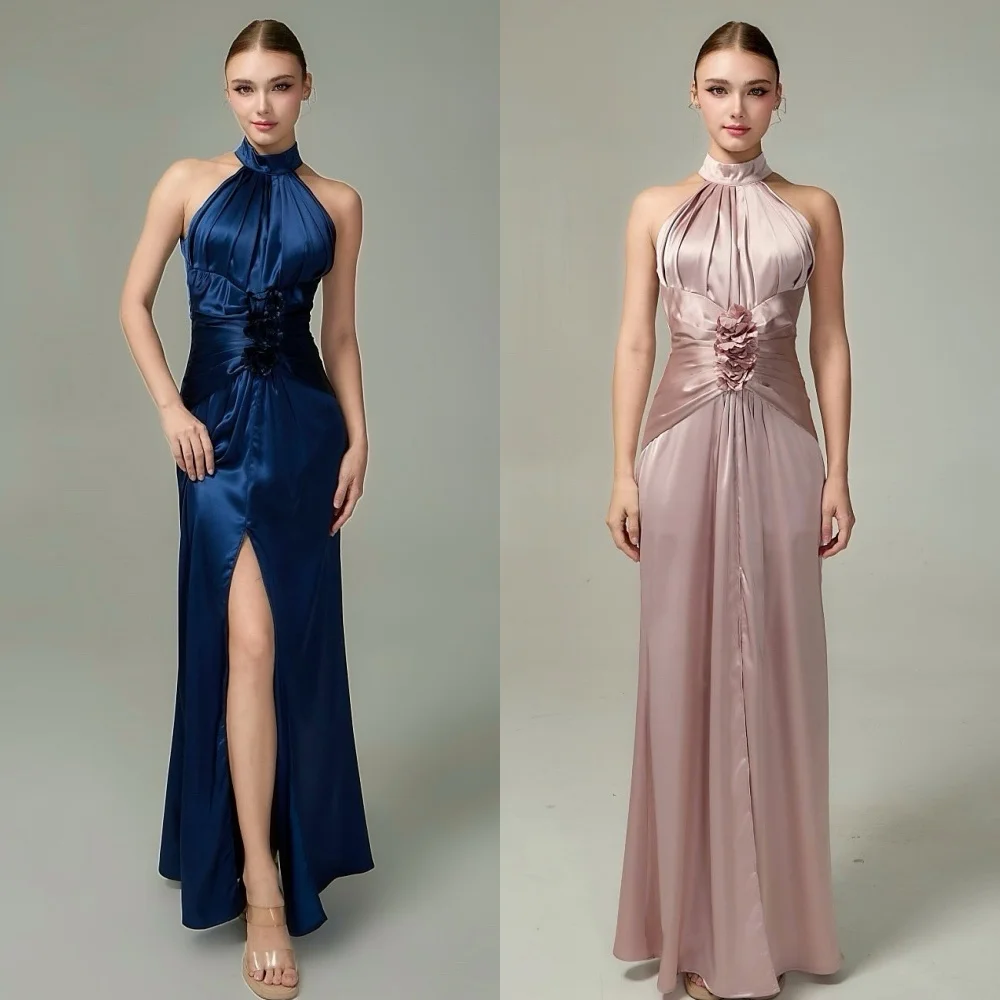 

Customized Modern Style Elegant Charmeuse Handmade Flower Draped Straight High Collar Long Dresses Bespoke Occasion Dresses