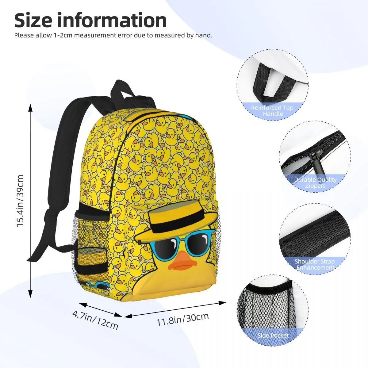 Mochilas de goma Duck Ducky Wearing Boater Hat y gafas de sol para niños y niñas, bolsa de libros para estudiantes, bolsas escolares, bolsa de hombro