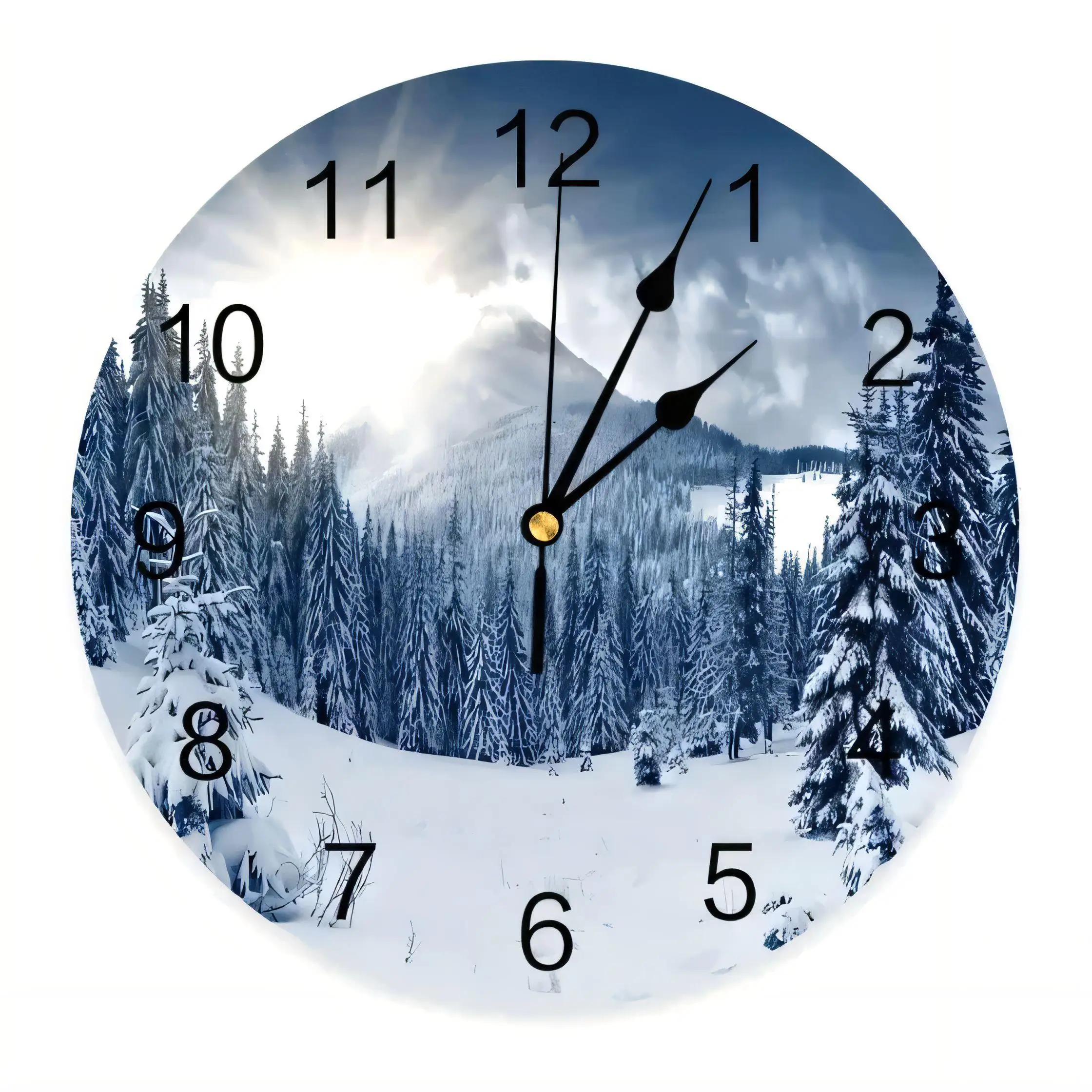 Winter Forest  Wall Clock Silent Non Ticking Battery Operated Scenic Mountain Snowy Evergreen Trees Decorative Home