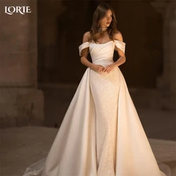 LORIE Glitter Satin Off Shoulder Wedding Dresses Two-piece Detachable Train Bridal Gown Backless Princess Bride Gown Customized