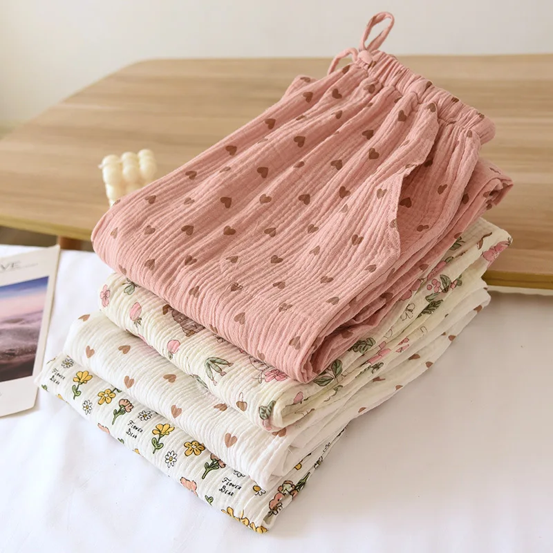 Pantalones de pijama de crepé de algodón para mujer, pantalones de dormir de cintura elástica, ajuste holgado, transpirables y cómodos, ropa de