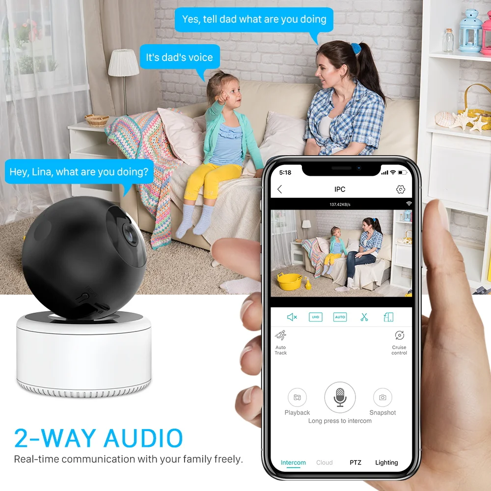 Kamera keamanan rumah 2MP HD Plug-in dalam ruangan kamera WiFi kamera peliharaan Pan Tilt Monitor bayi penglihatan malam 2 arah Audio IP Cam