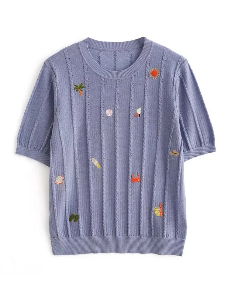 

Embroidery Women Knit Sweater Tees 2025 Summer Twist Knitted Short Sleeve Round Neck Tops T-shirts Elegant Fashion Ladies Jumper