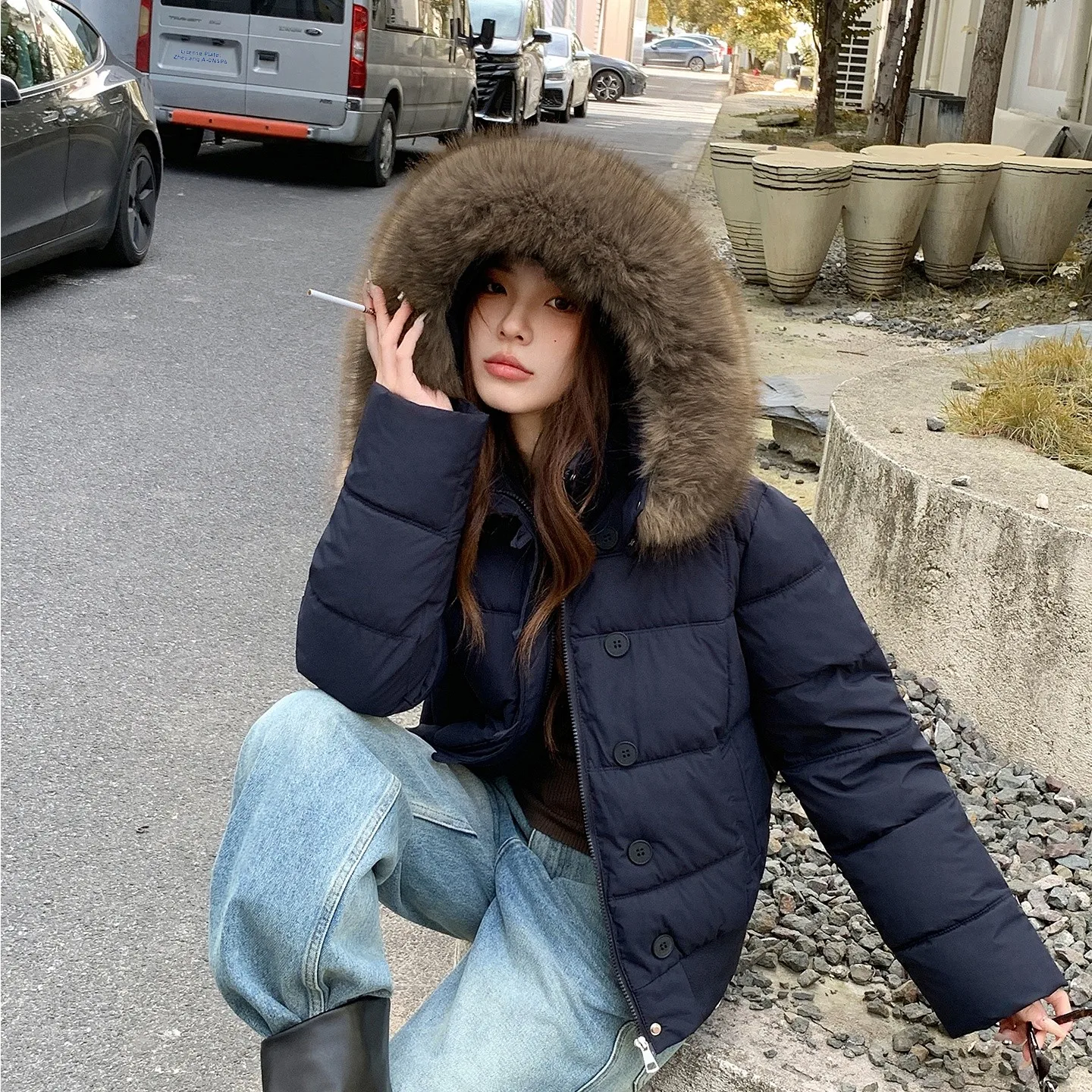 レディースウィンタージャケット、オーバーサイズ、大きなファー襟、取り外し可能なフード、ジッパー開閉、カラー