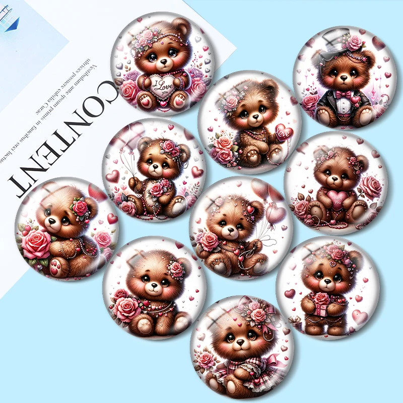 Watercolor teddy bear 10pcs 12mm/16mm/18mm/25mm Round Photo Glass Cabochon Demo Flat Back Making findings