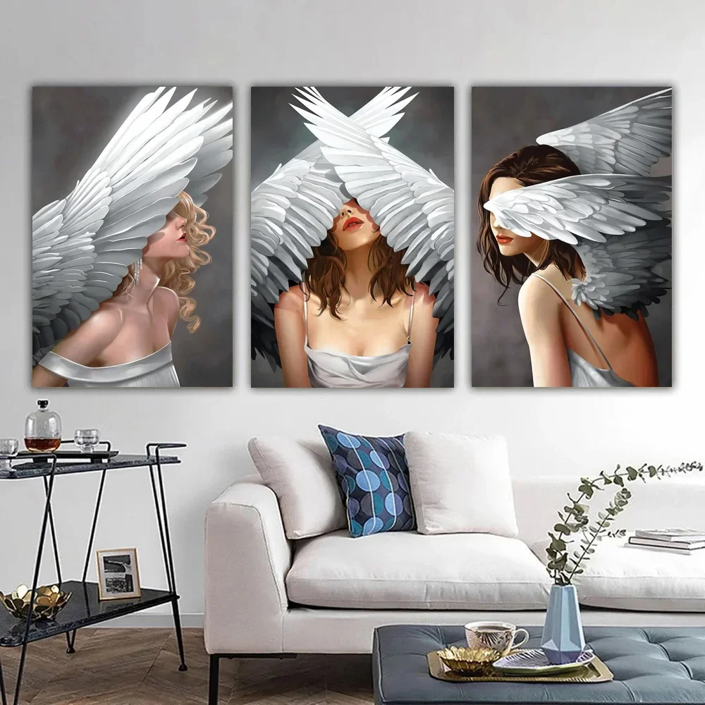 Angel Girl White Wings Canvas Art Print Sexy Model Female Portrait Wall Decoration Poster Living Room Painting Canvas Painting