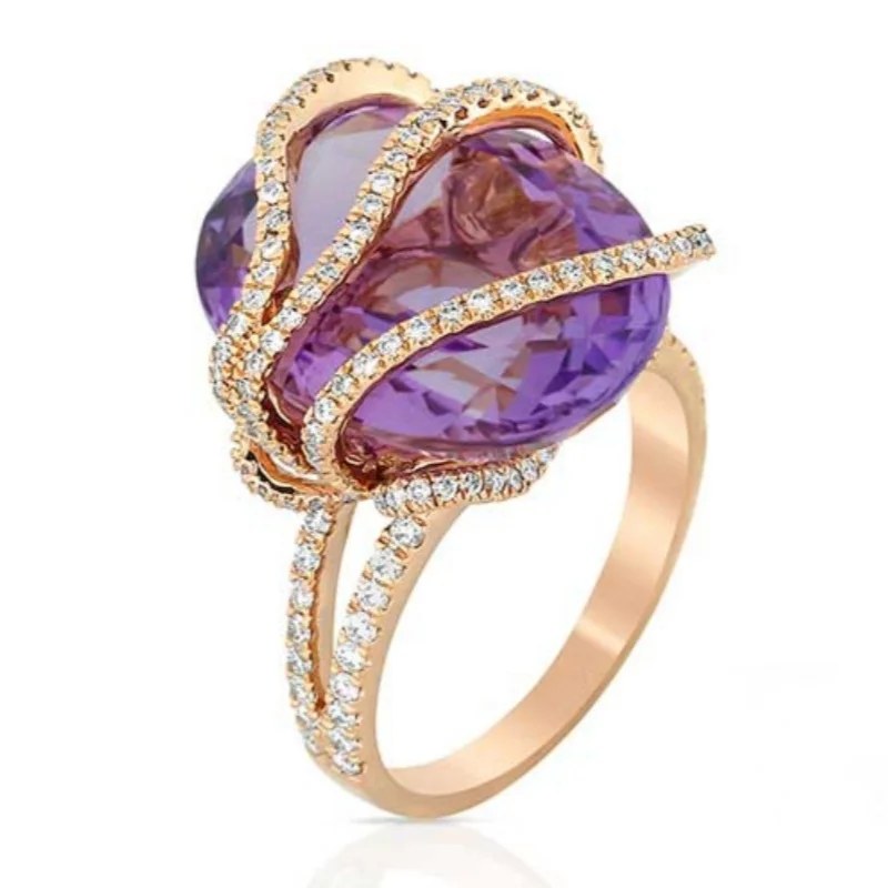 Luxury Inlaid Purple White CZ Women's Ring Trendy Gold Color Geometry Daily Wear Party Jewelry Anniversary Gift