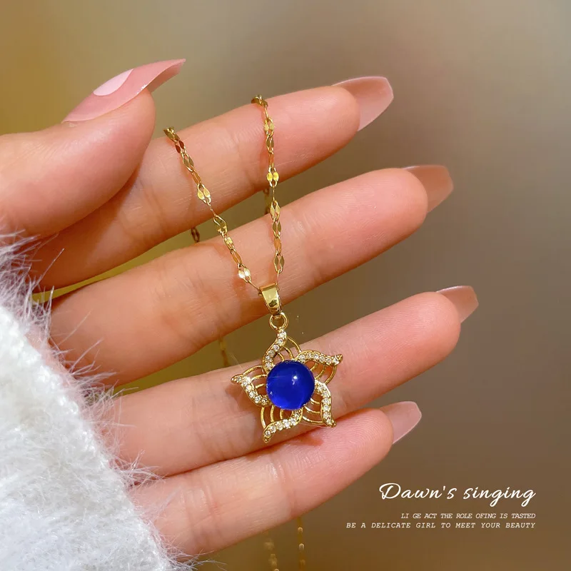 الفولاذ المقاوم للصدأ استشعار درجة الحرارة اللون تغيير الأزرق الأخضر كريستال قلادة زهرة المزاج حجر سلسلة قلادة للنساء #2