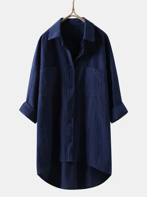 

Повседневная однотонная хлопково-льняная рубашка большого размера для женщин, средней длины, с асимметричным подолом, длинными рукавами, двойными карманами, весенняя новинка