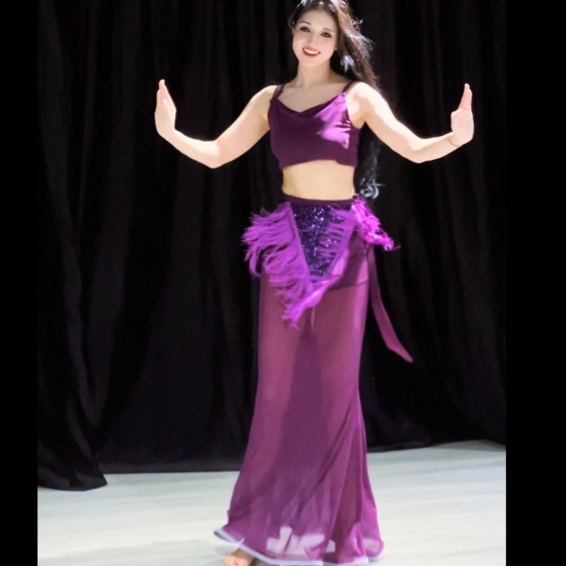 

2025 комплект BellyDance, женский сексуальный топ на бретелях + длинная юбка «рыбий хвост» + шарф с кисточками, 3 предмета, одежда для соревнований по восточному танцам живота