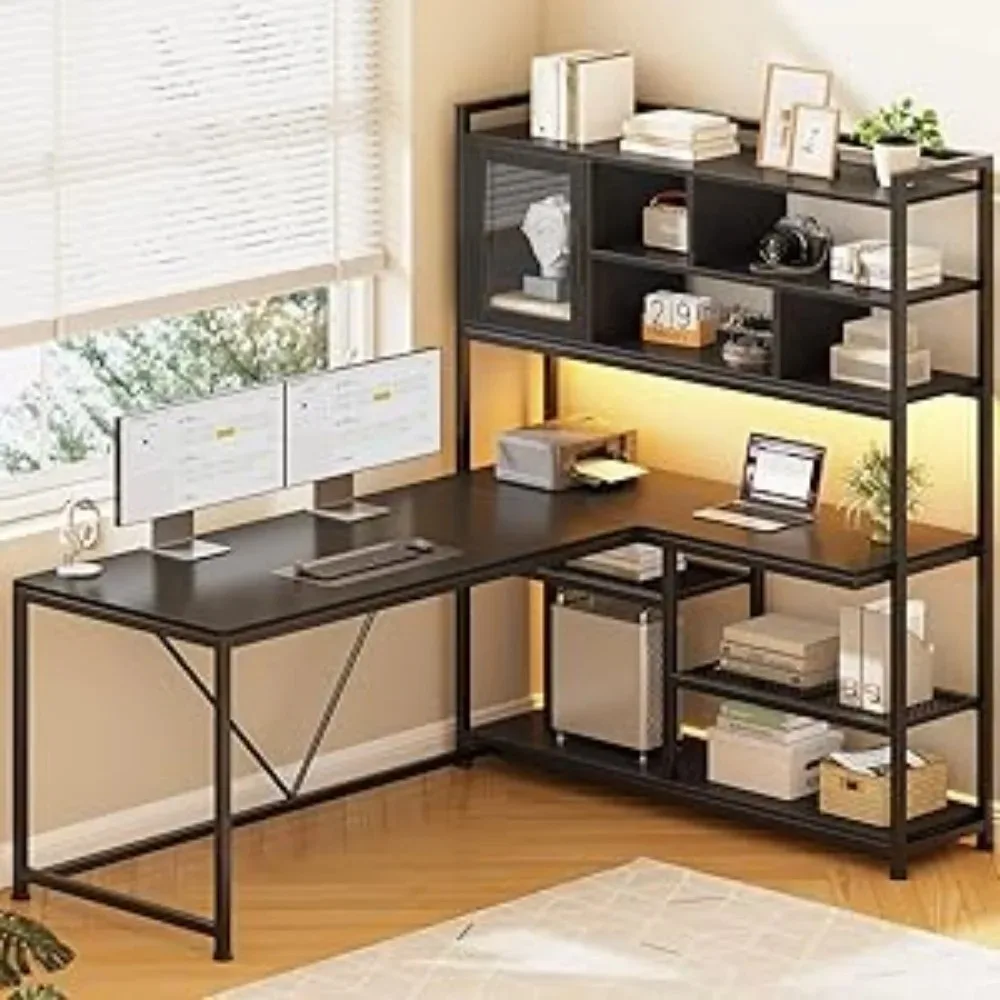 

L Shape Computer Desk, 58 Inch Desk with LED Light and Bookshelf, L Shape Corner Desk with Storage Shelf