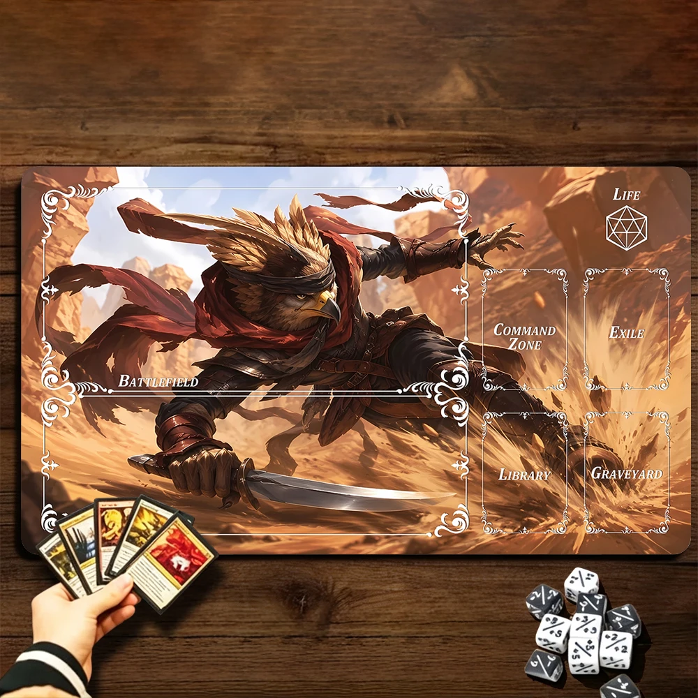 Tapis de jeu TCG Guerrier Oiseau Fantastique, tapis de jeu Magic, tapis de jeu de cartes à collectionner avec bordure cousue, base antidérapante, 60x35cm, jeu de cartes à collectionner