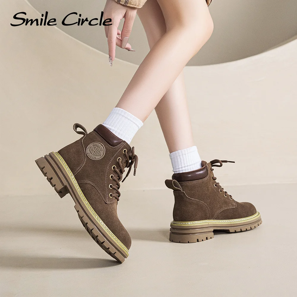 Smile Circle Botas de mujer de piel de ante Botines básicos y versátiles Botas casuales con cordones