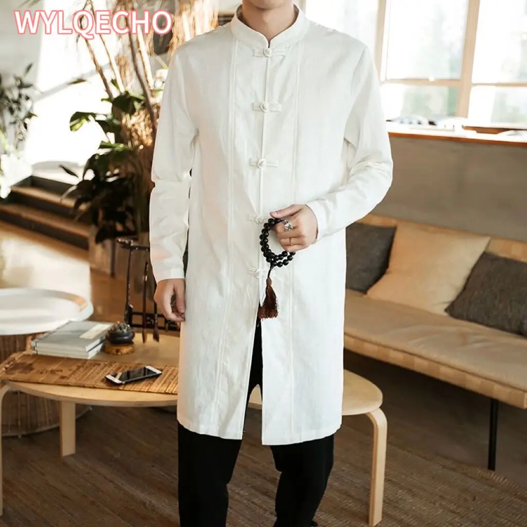 

Traditional Chinese Clothing For Men Male Overcoat Outerwear Oriental Robe Trench Coat Men Cotton Linen Long Shirts Tops