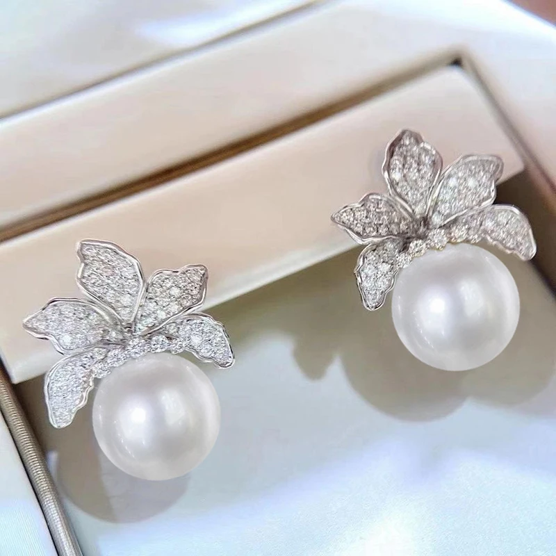 Huitan Elegant Lady Delicate Flower Drop Earrings with Simulated Pearl Brilliant Zirconia Accessories for Wedding Ceremony Party