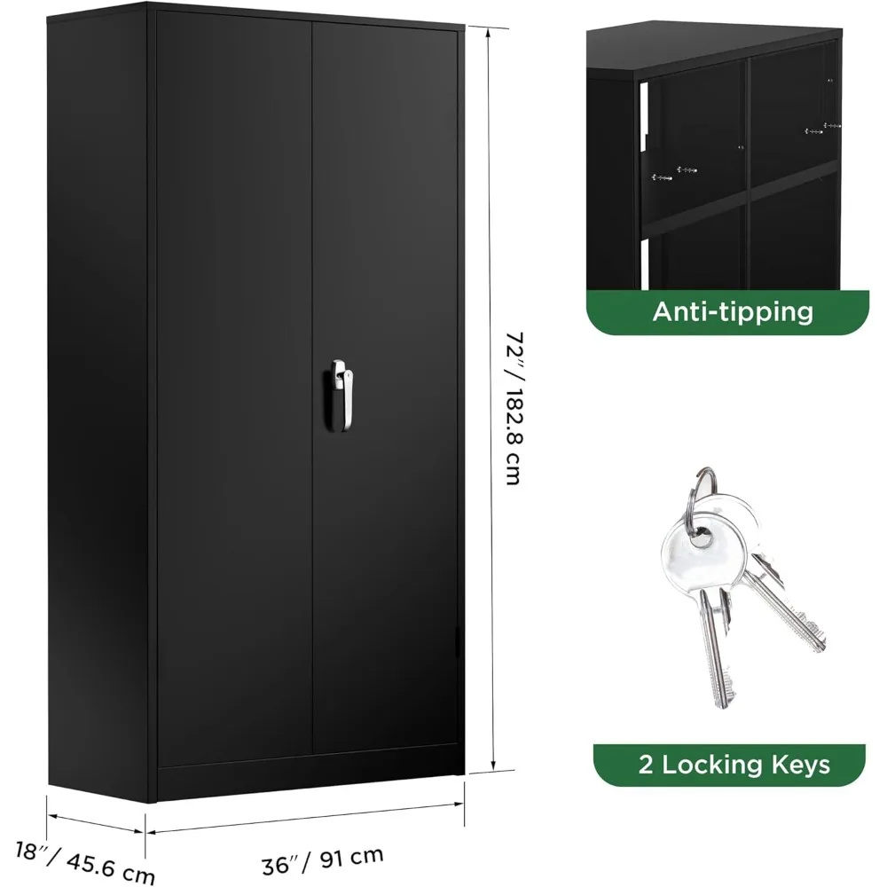 72" H Metal Storage Cabinet, 36" W x 18" D Black Locking Metal Garage Storage Cabinet image 2