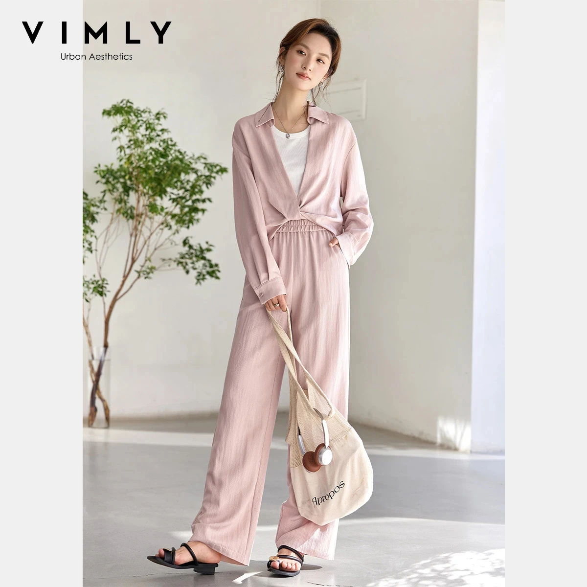 

VIMLY Women's Old Money Style Suit 2026 Spring New Pink Twist Front Blouse White Tank Top Solid Wide Leg Pant 3 Piece Set A3679
