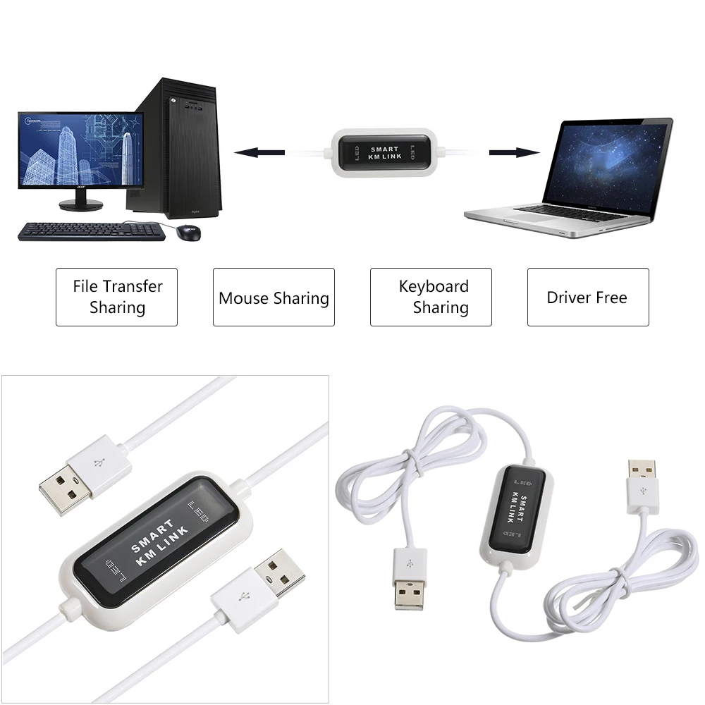 USB 2.0 Smart KM Link PC To PC Keyboard Mouse Share Sync Data Link Connection USB Extension Cable Data File Transfer USB Switch